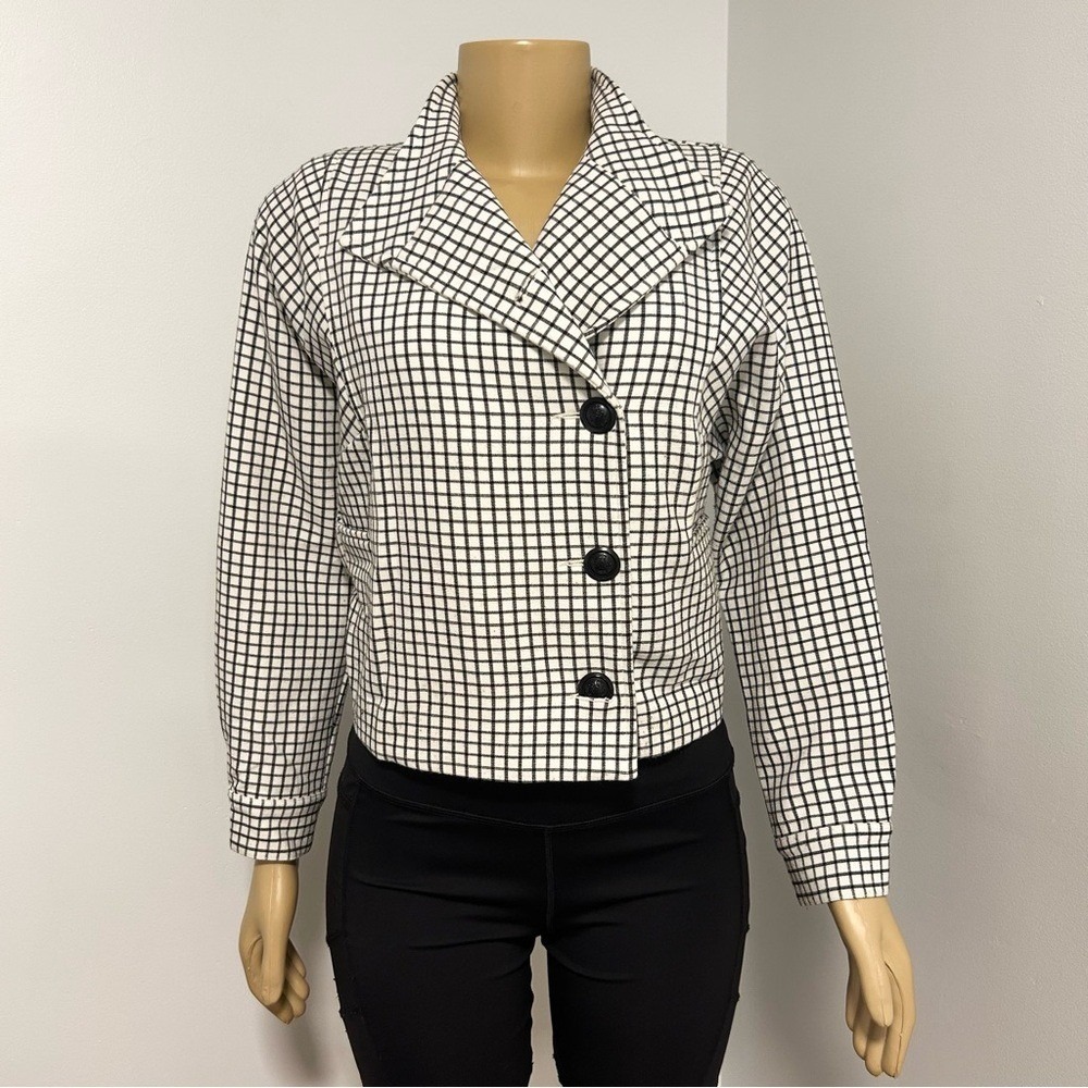 Cabi 3173 Windowpane Check Blazer Jacket Black White XXS Cropped Crest Button - Picture 2 of 10